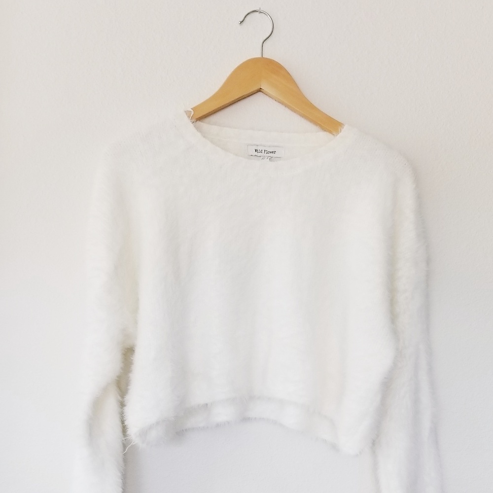 Nasty Gal Fuzzy White Cropped Sweater